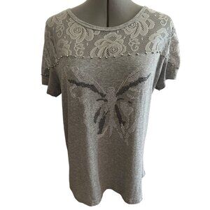 Almalka Fashion Womens Large Grey Lace Butterfly Studded T-Shirt Top